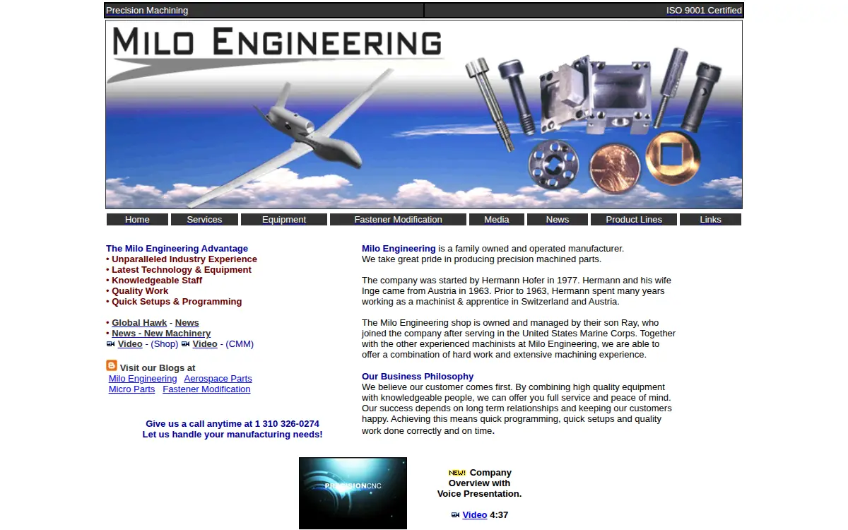 Homepage of Milo Machining INC.