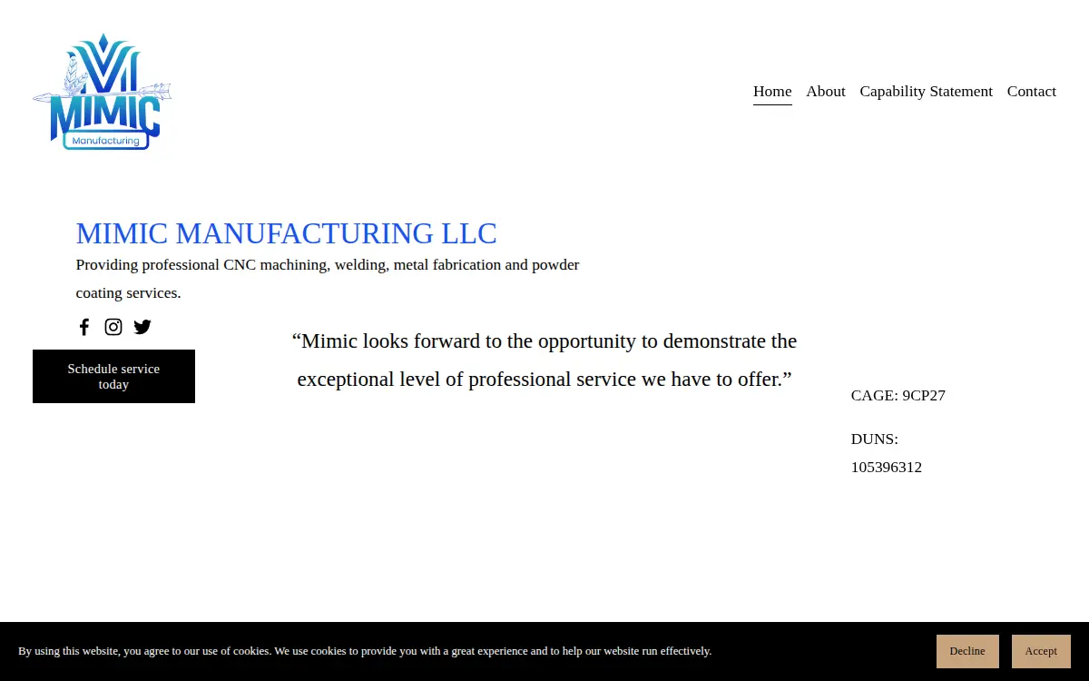 Homepage of Mimic Manufacturing, LLC