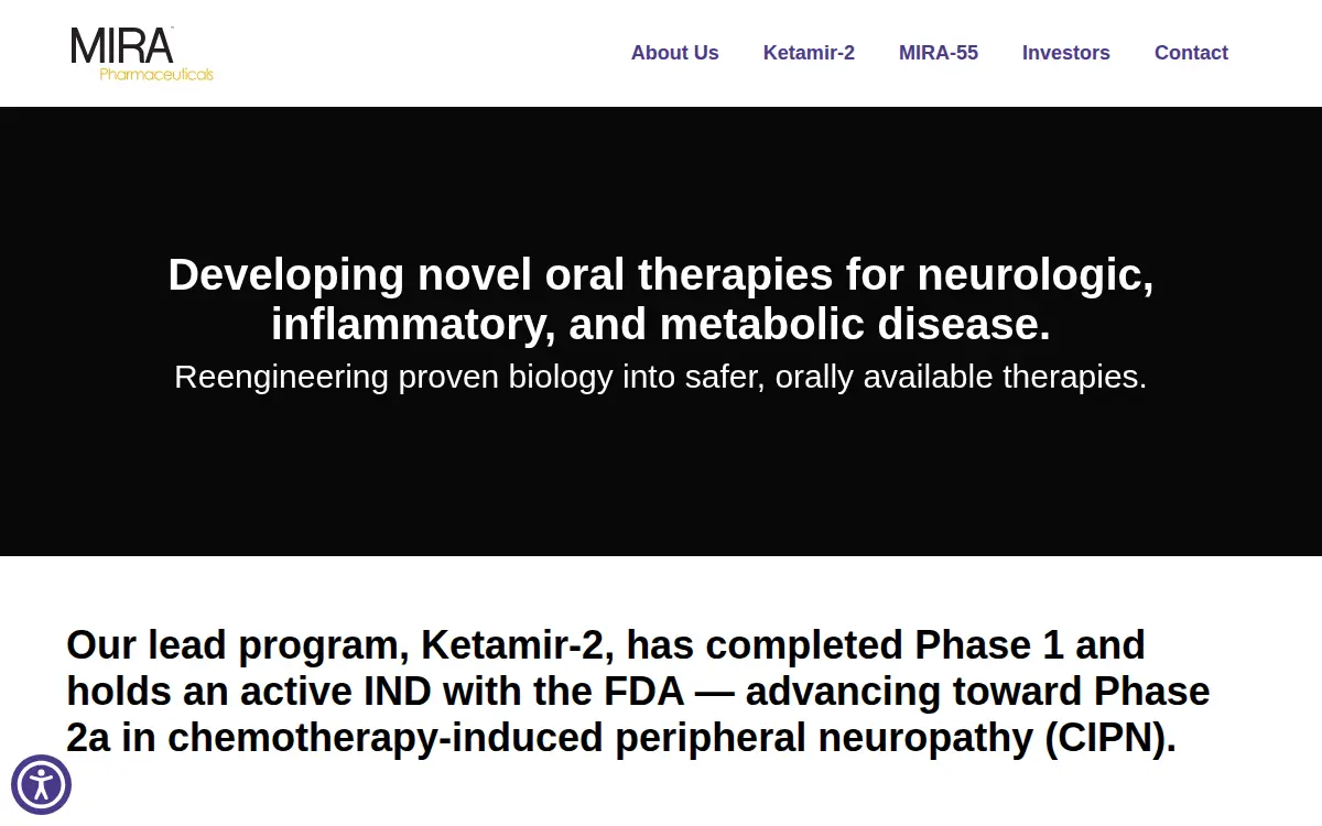 Homepage of Mira Pharmaceuticals, INC.