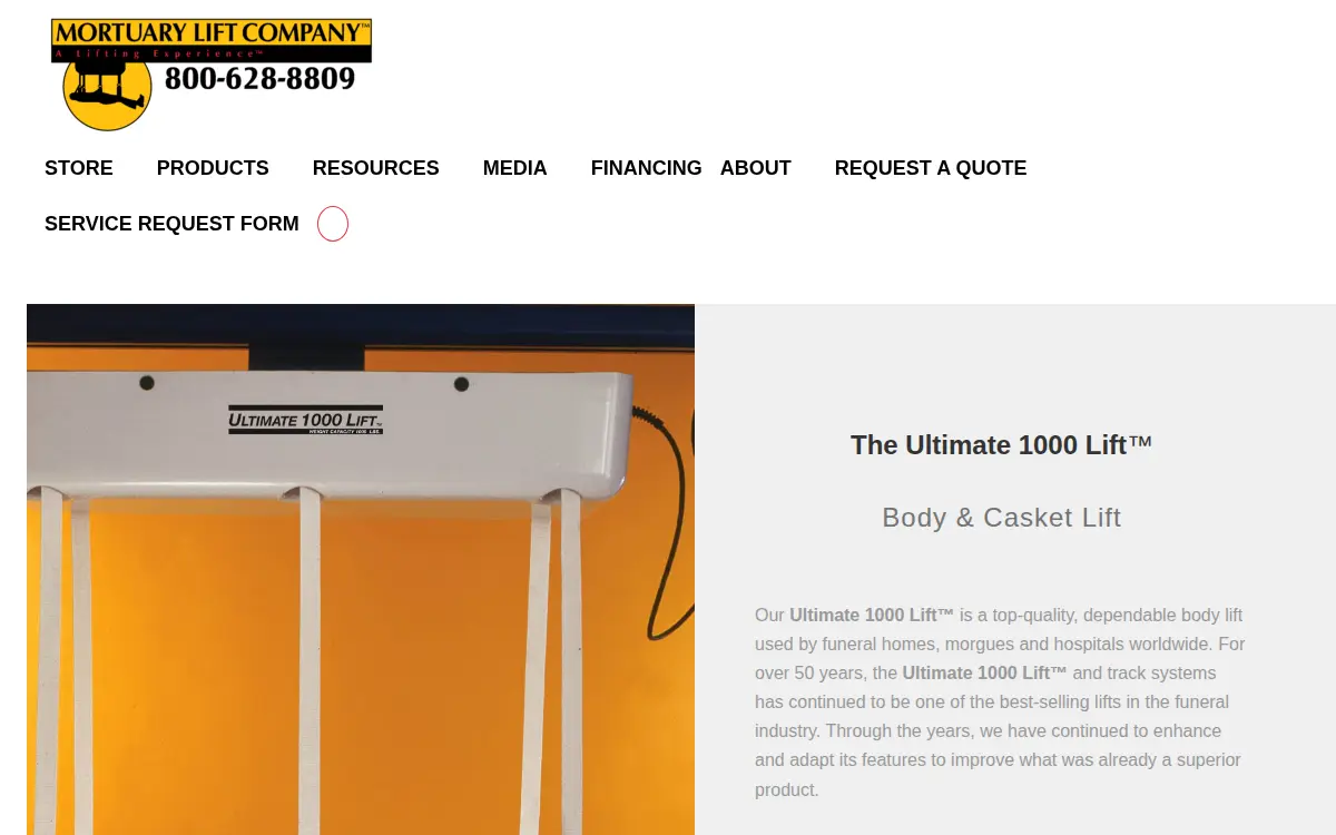 Homepage of Mortuary Lift Company, INC.