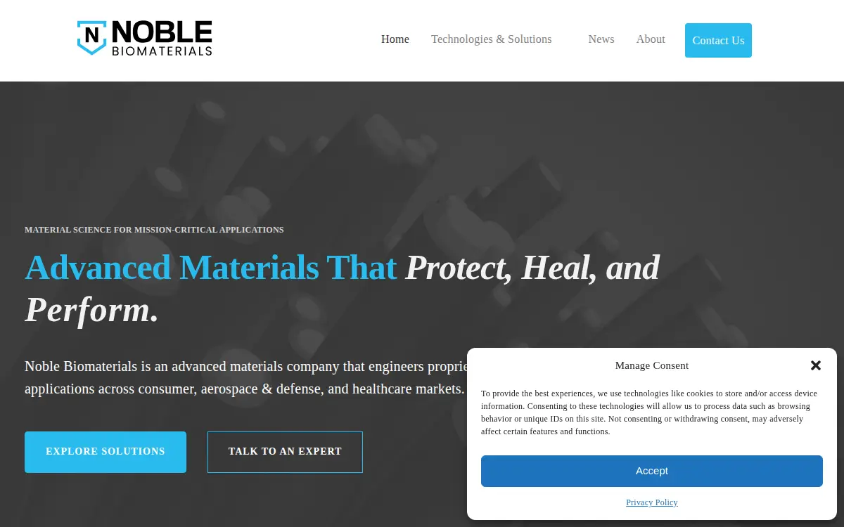 Homepage of Noble Biomaterials INC