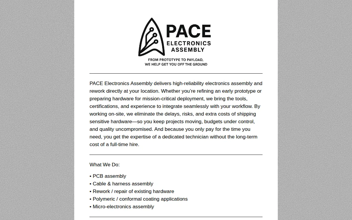 Homepage of Pace Electronics Assembly LLC