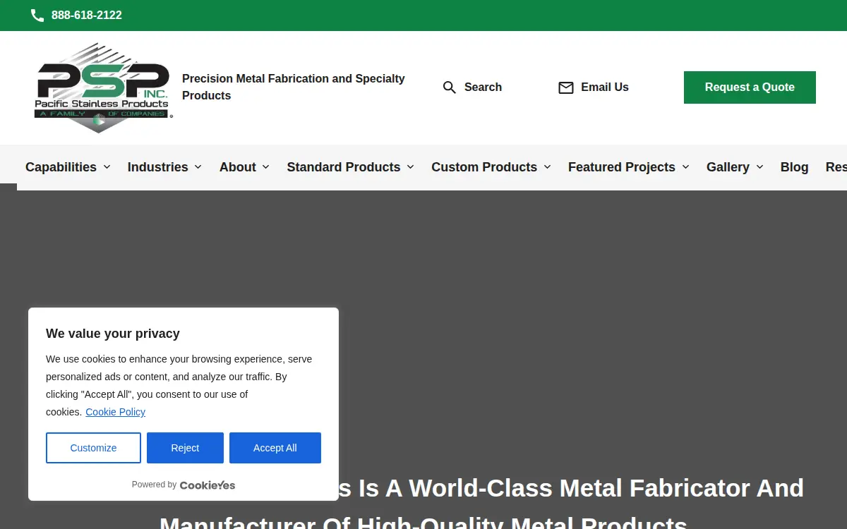 Homepage of Pacific Stainless Products, INC