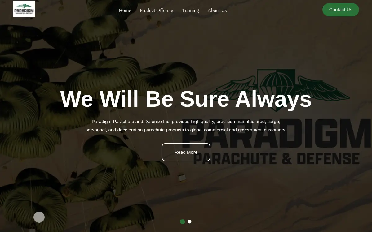 Homepage of Paradigm Parachute and Defense, INC.