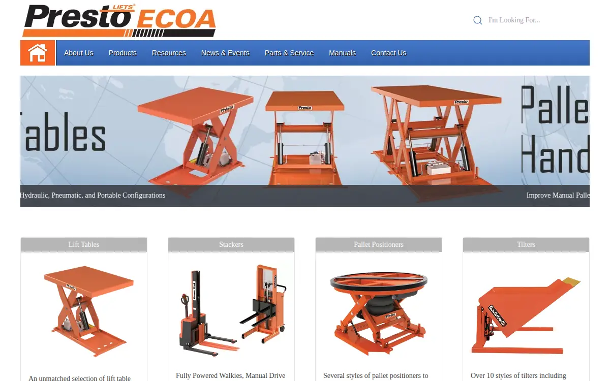 Homepage of Presto Lifts, INC