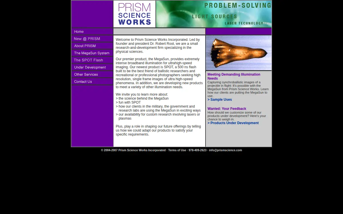 Homepage of Prism Science Works Incorporated