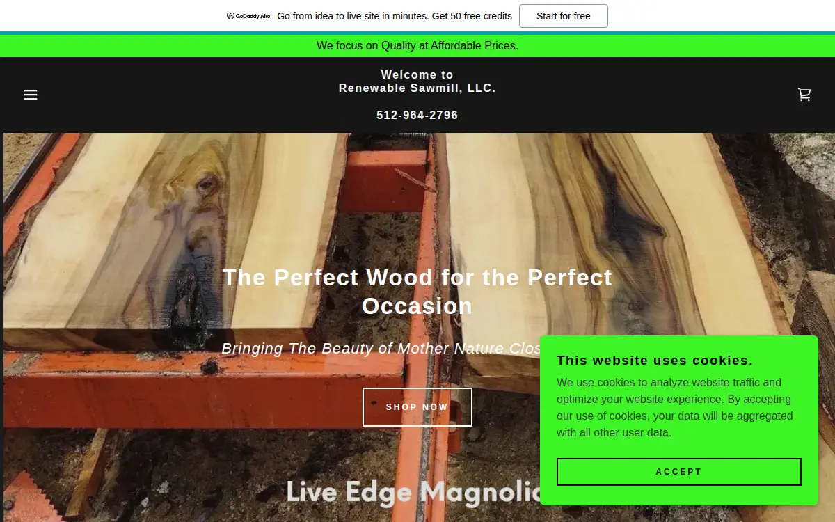 Homepage of Renewable Sawmill, LLC.