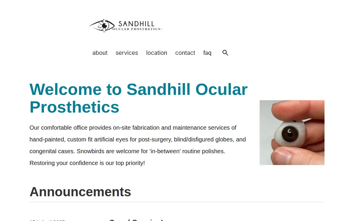Homepage of Sandhill Ocular Prosthetics LLC