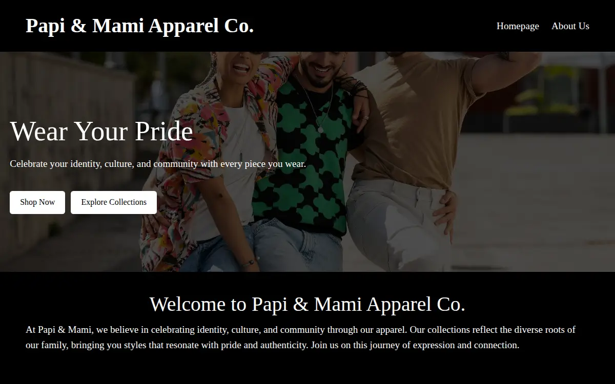 Homepage of Papi & Mami Apparel Co, LLC