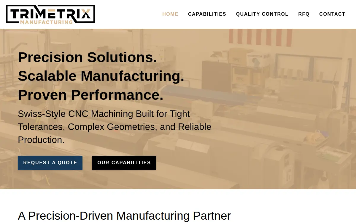 Homepage of Trimetrix Manufacturing