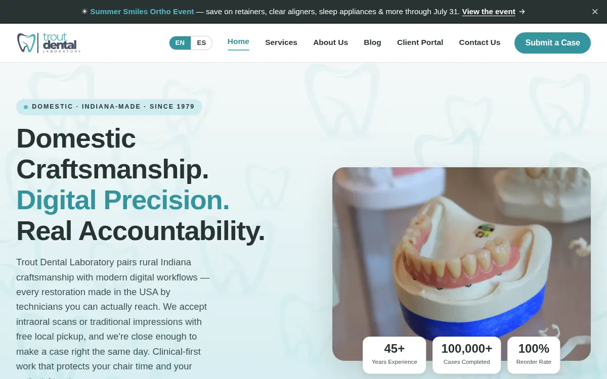 Homepage of Trout Dental Laboratory LLC