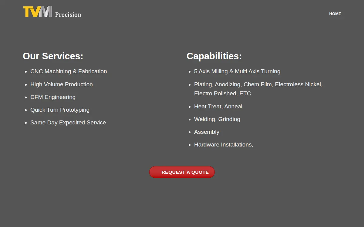 Homepage of Tvm Precision, INC