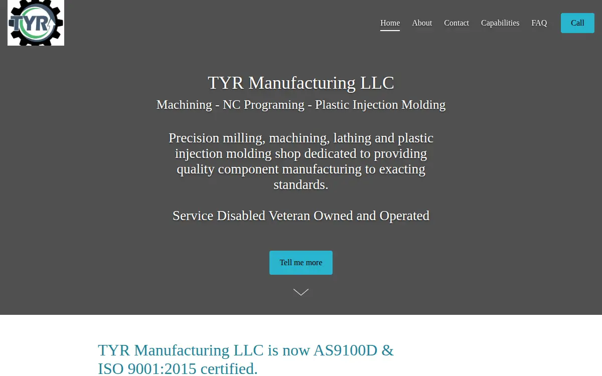 Homepage of Tyr Manufacturing LLC
