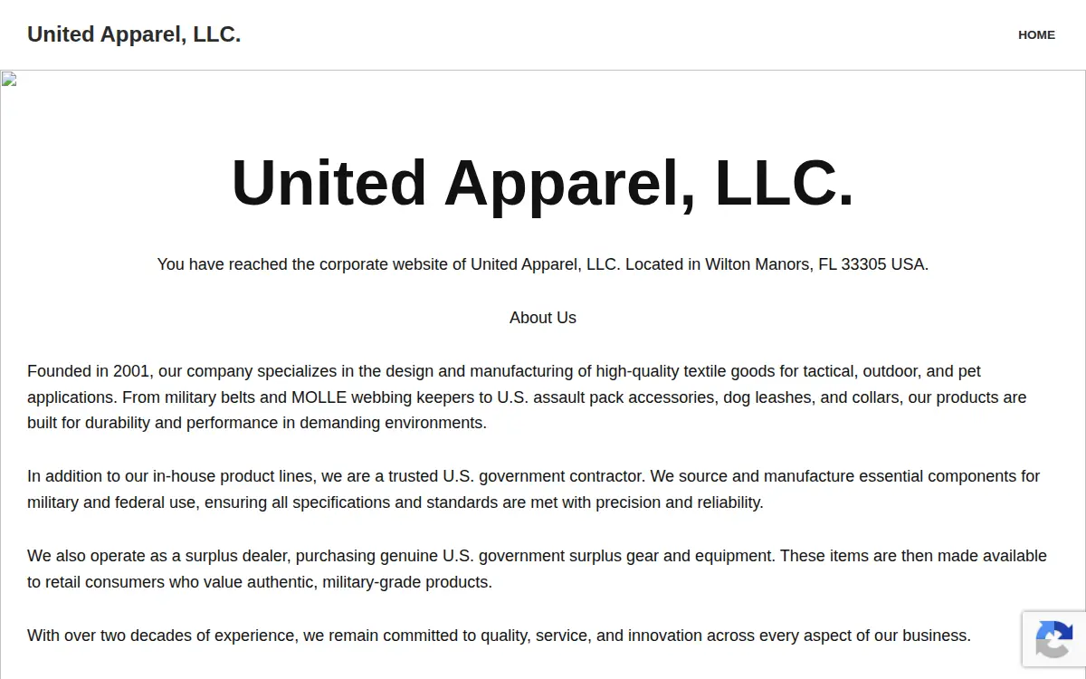 Homepage of United Apparel, LLC.