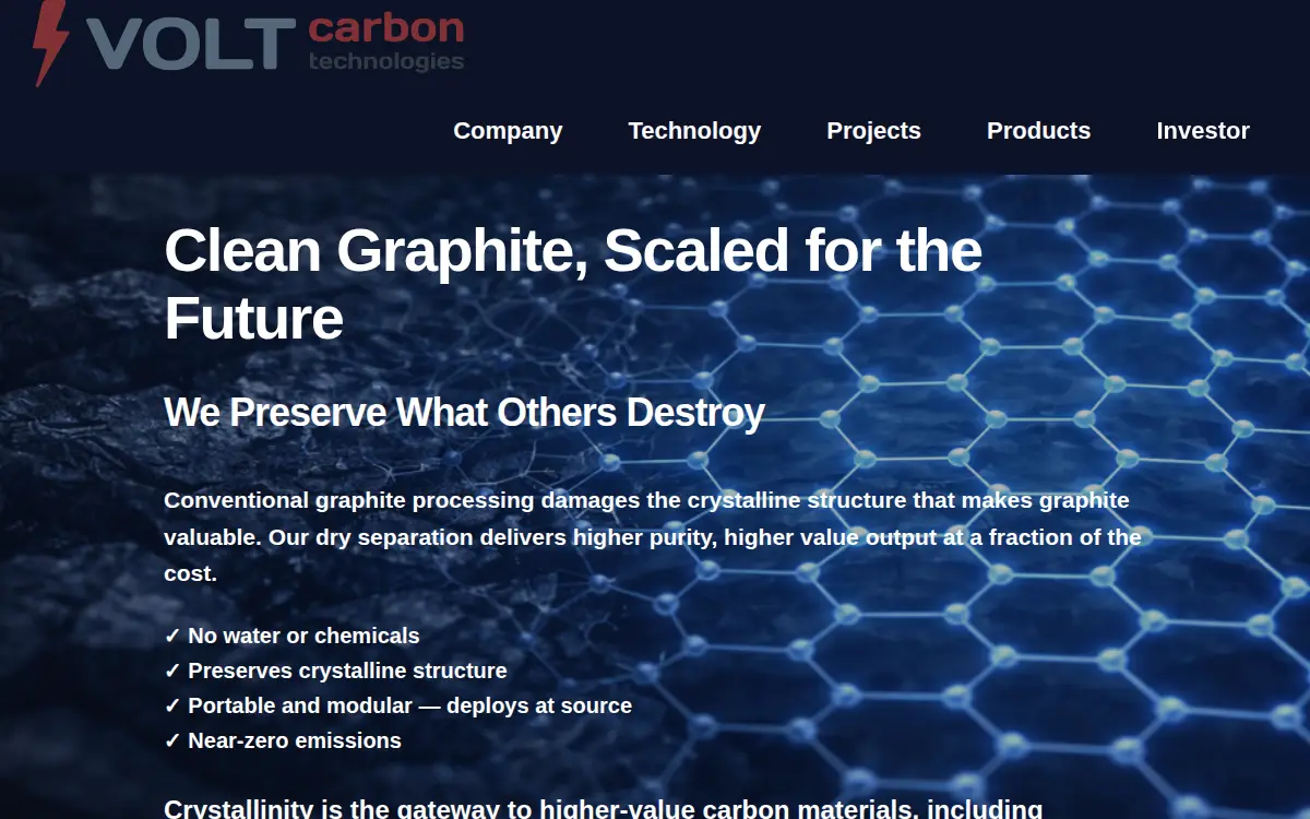Homepage of Volt Carbon Technologies