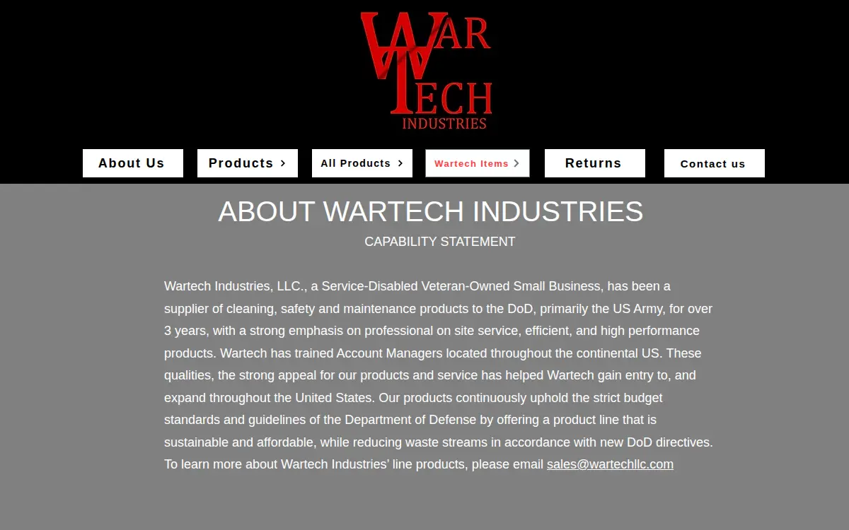 Homepage of Wartech Industries, LLC