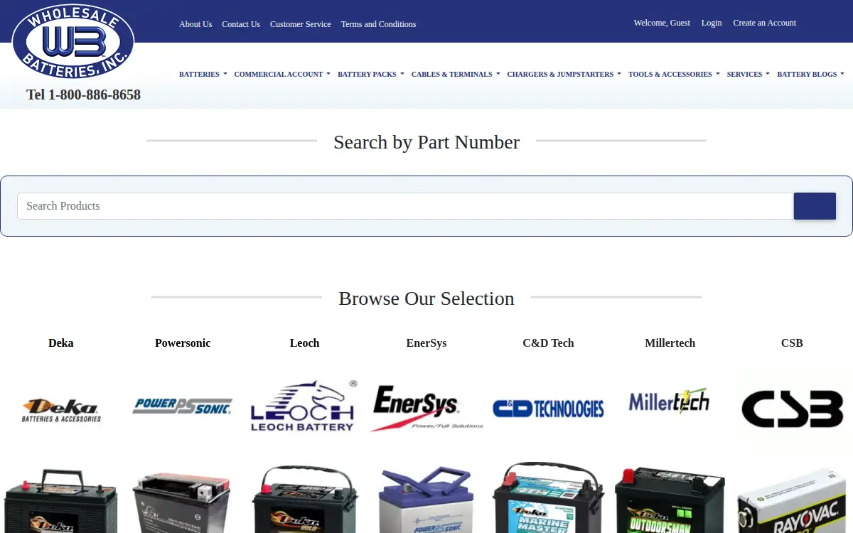 Homepage of Wholesale Batteries, INC.