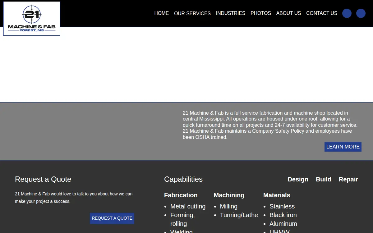 Homepage of 21 Machine and Fab LLC
