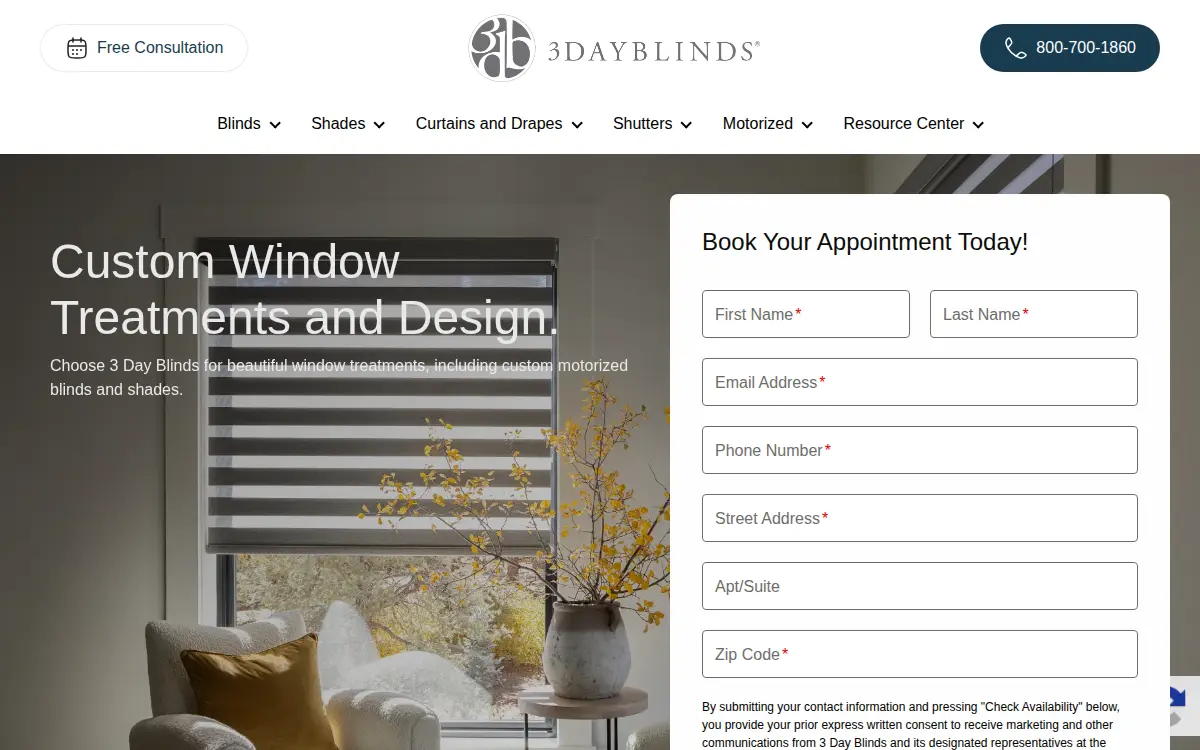 Homepage of 3 Day Blinds LLC