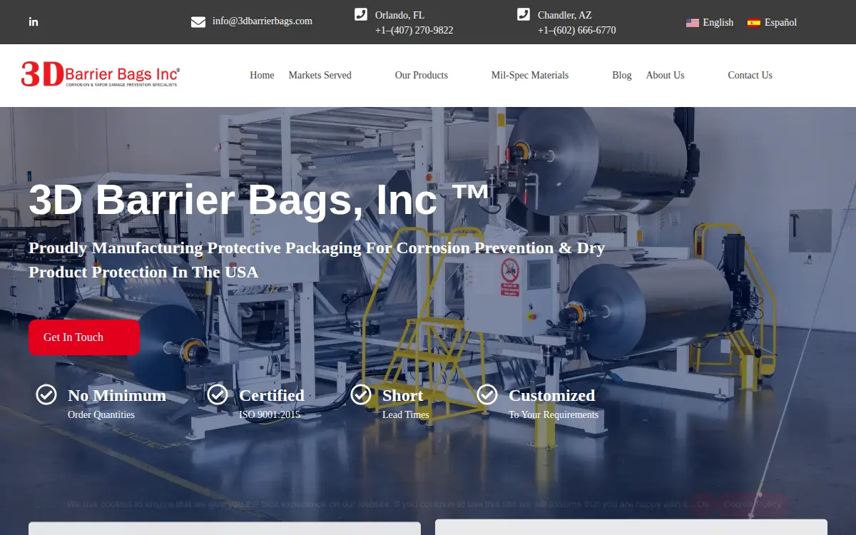 Homepage of 3d Barrier Bags, INC.