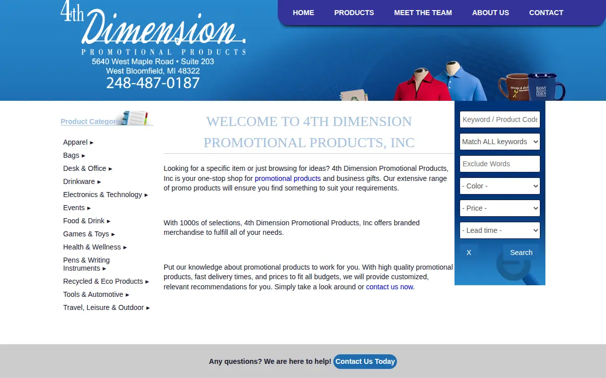 Homepage of 4th Dimension Promotional Products INC