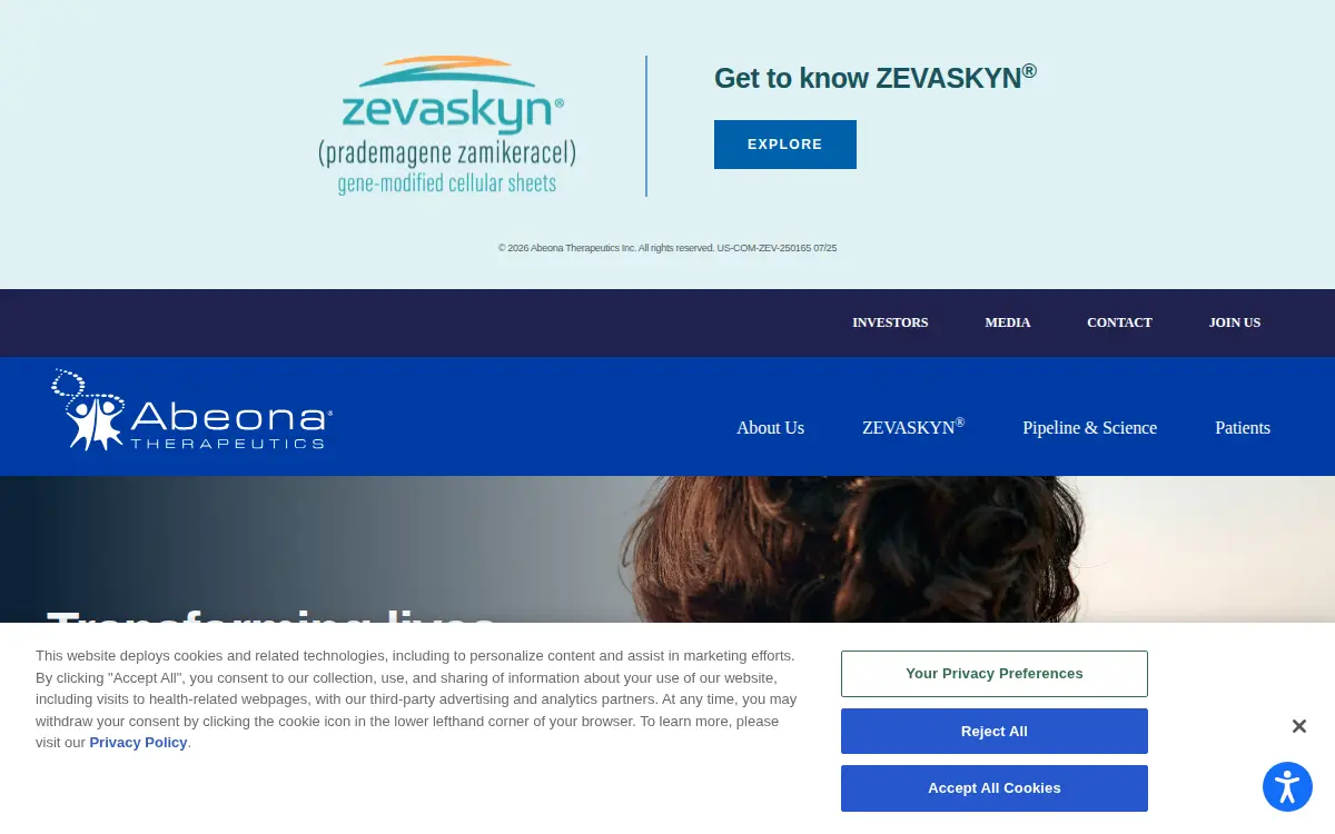 Homepage of Abeona Therapeutics INC.