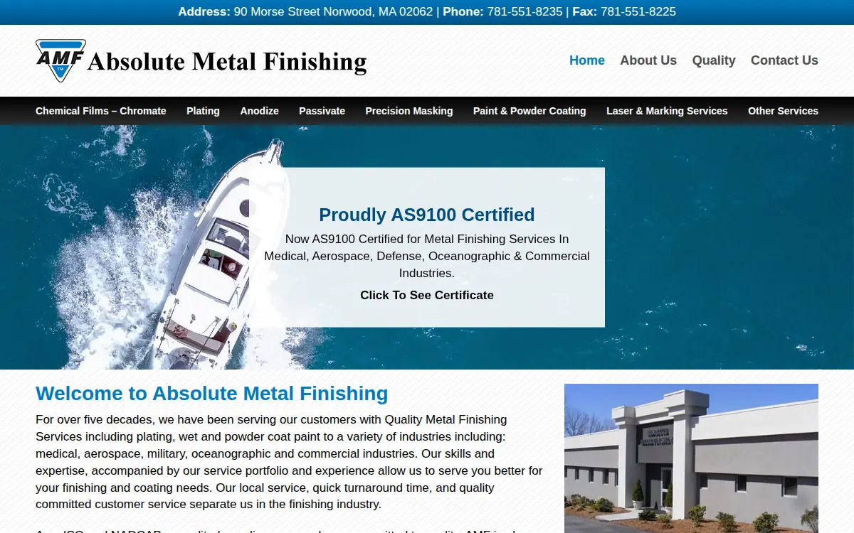 Homepage of Absolute Metal Finishing, INC.