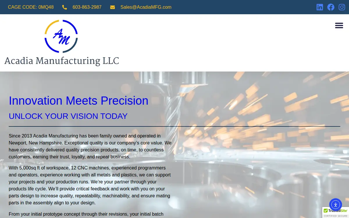 Homepage of Acadia Manufacturing LLC