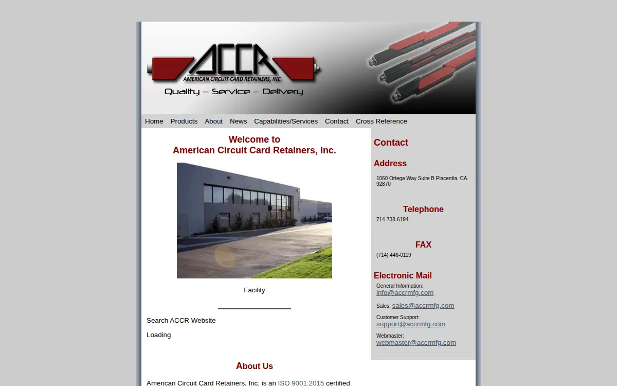 Homepage of American Circuit Card Retainers, INC