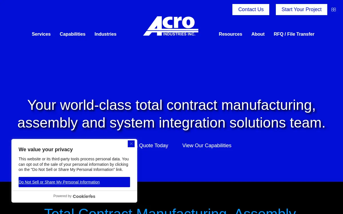 Homepage of Acro Industries, INC