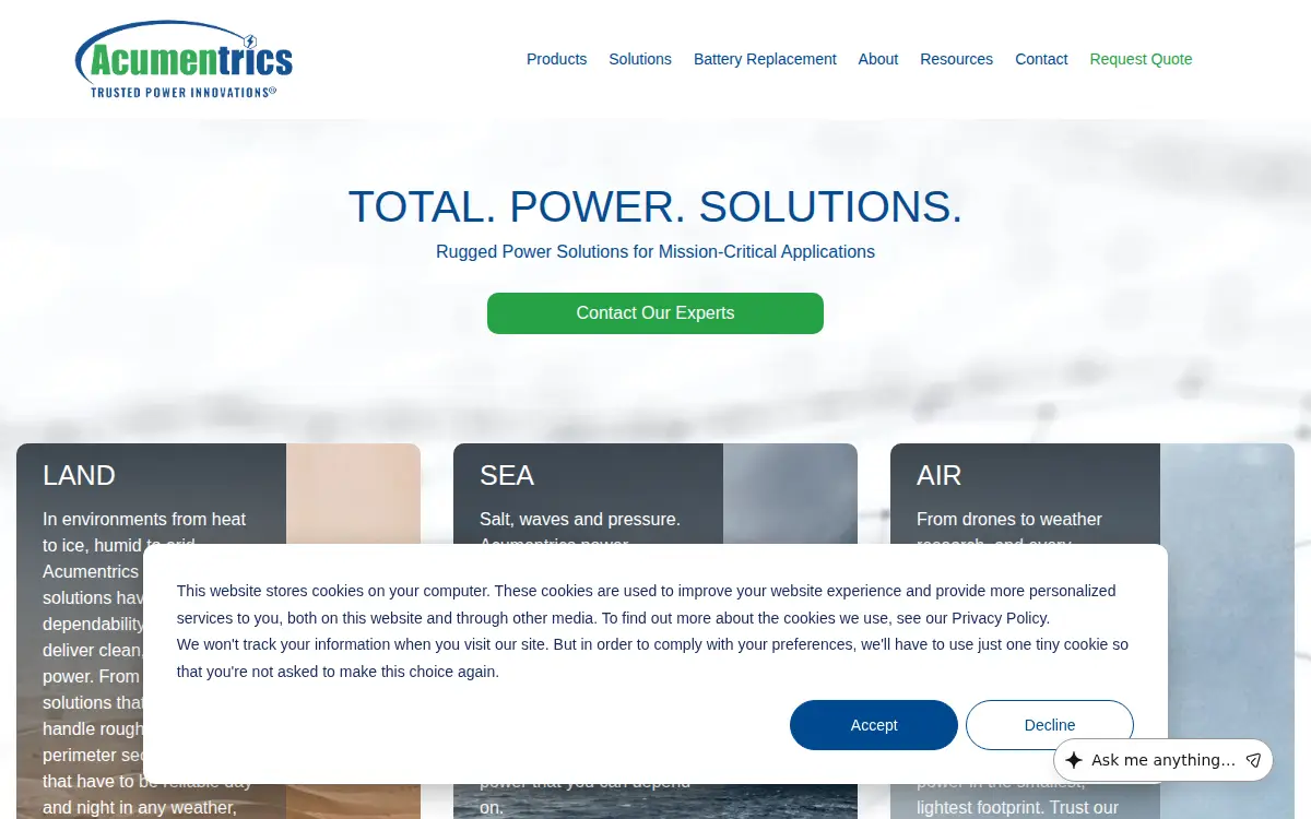Homepage of Acumentrics Rups, LLC