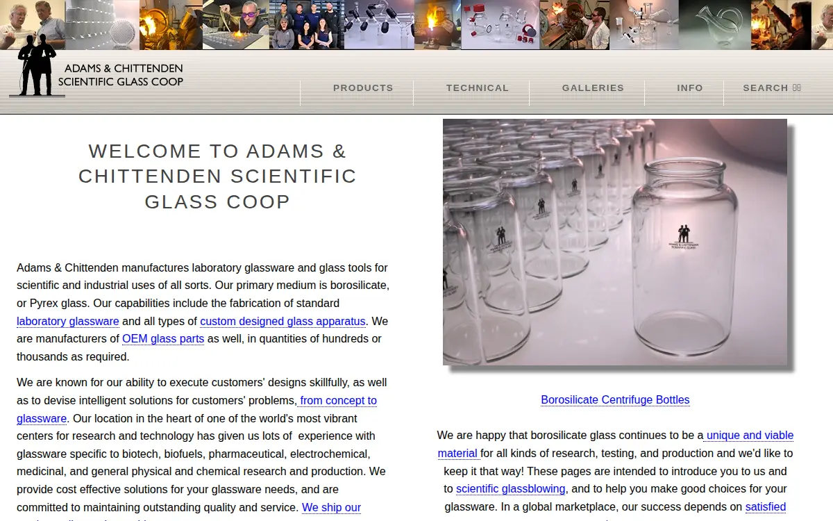Homepage of Adams & Chittenden Scientific Glass Cooperative CORP.