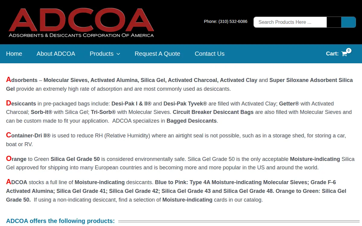 Homepage of Adsorbents & Desiccants CORP of America
