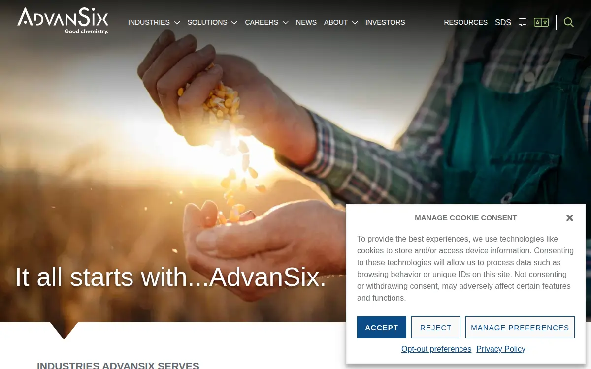 Homepage of Advansix INC.