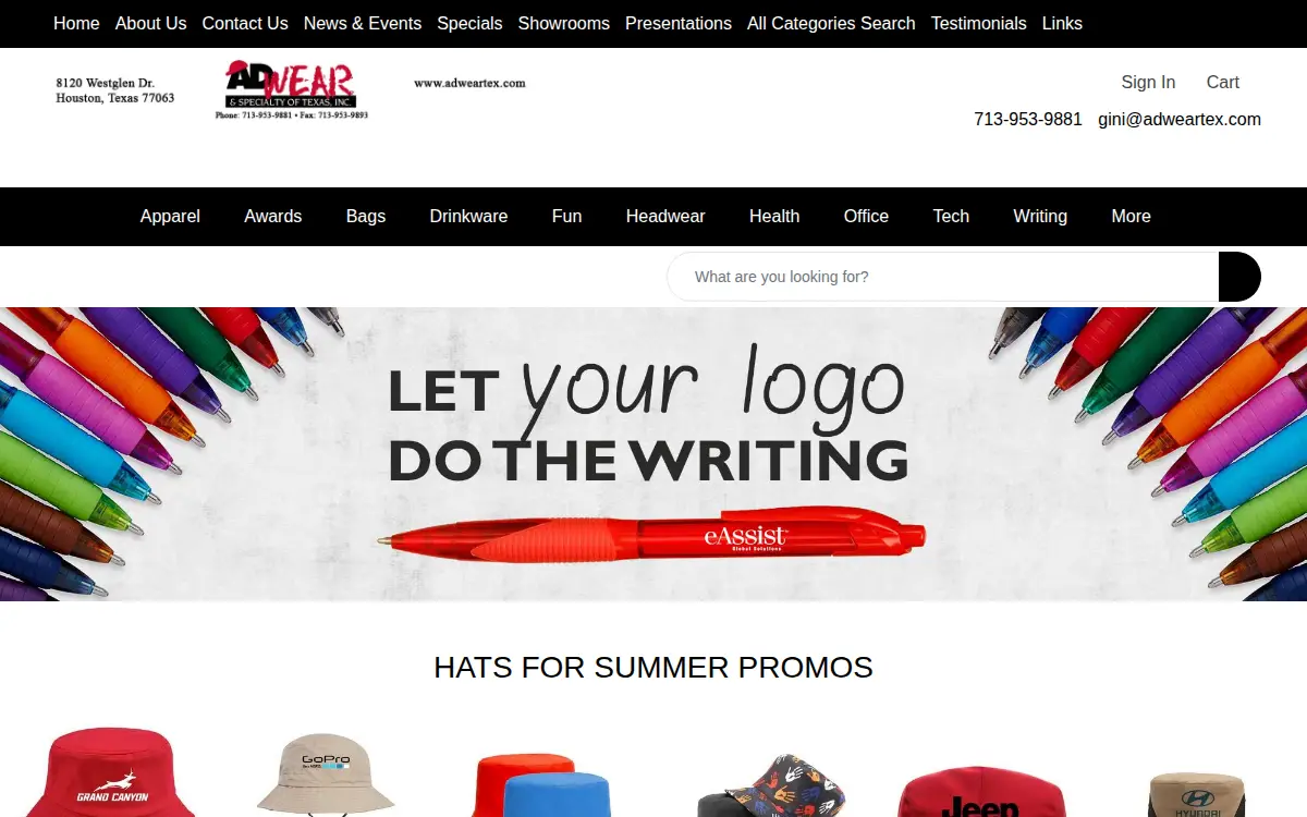 Homepage of Ad-wear and Specialty of Texas, INC.