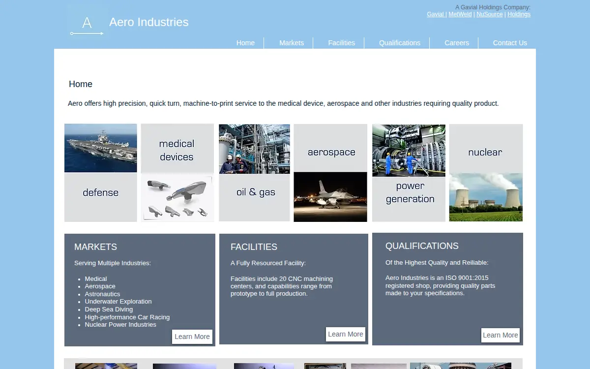 Homepage of Aero Industries, LLC