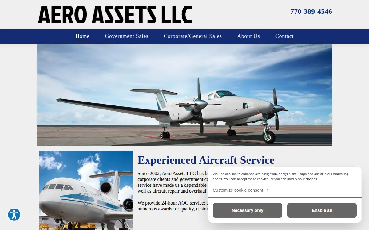 Homepage of Aero Assets, LLC