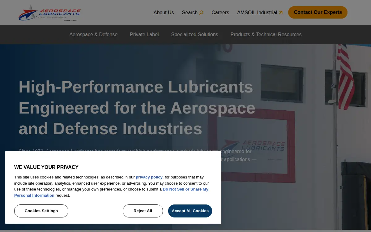 Homepage of Aerospace Lubricants, LLC.