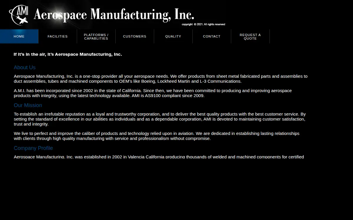 Homepage of Aerospace Manufacturing INC.