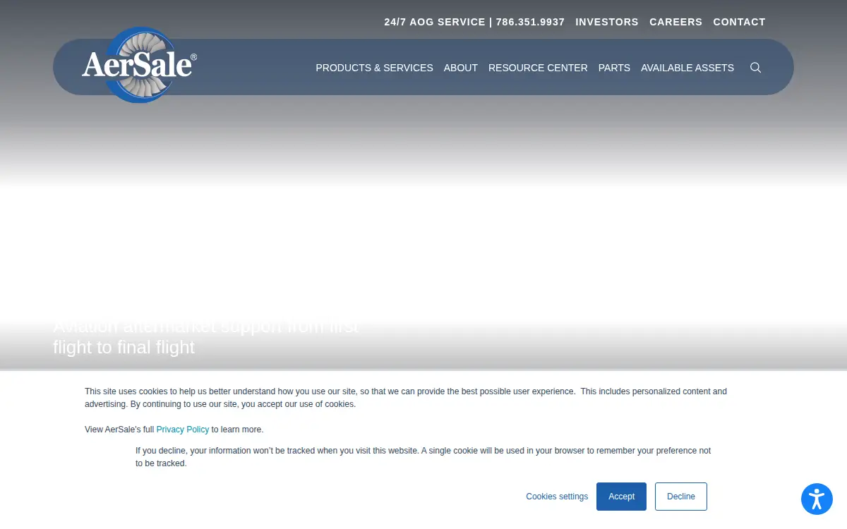 Homepage of Aersale, INC.