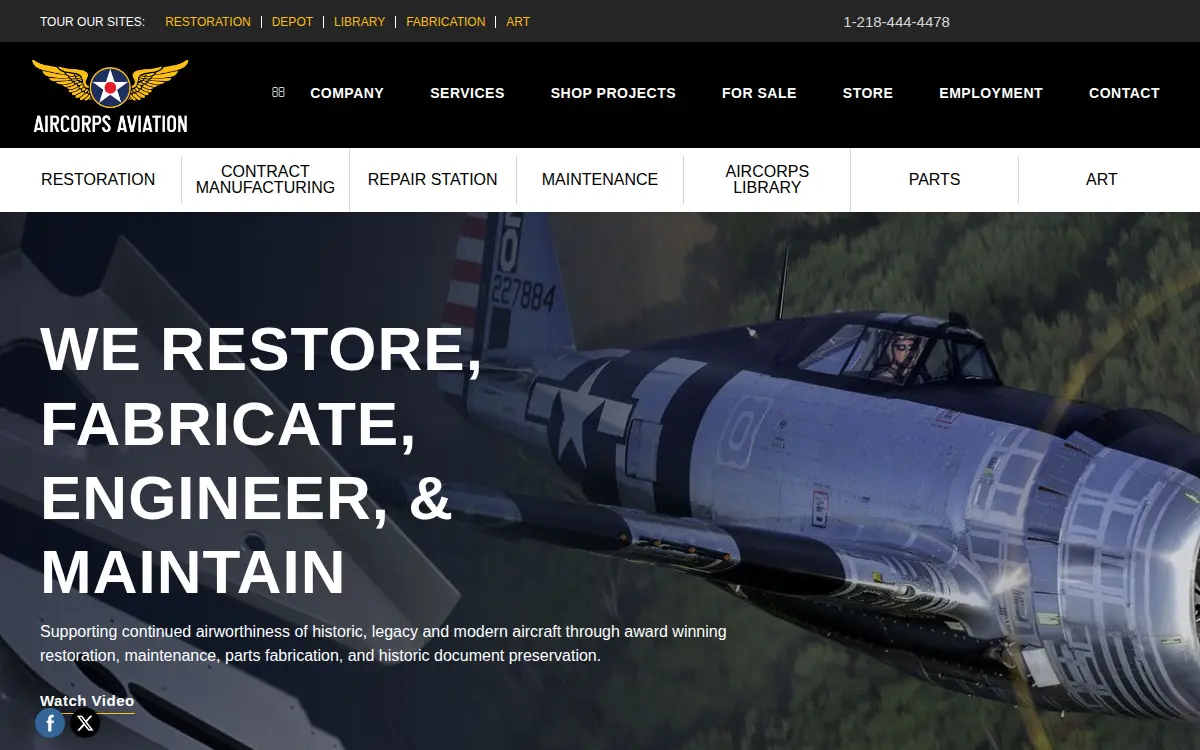 Homepage of Aircorps Aviation, LLC