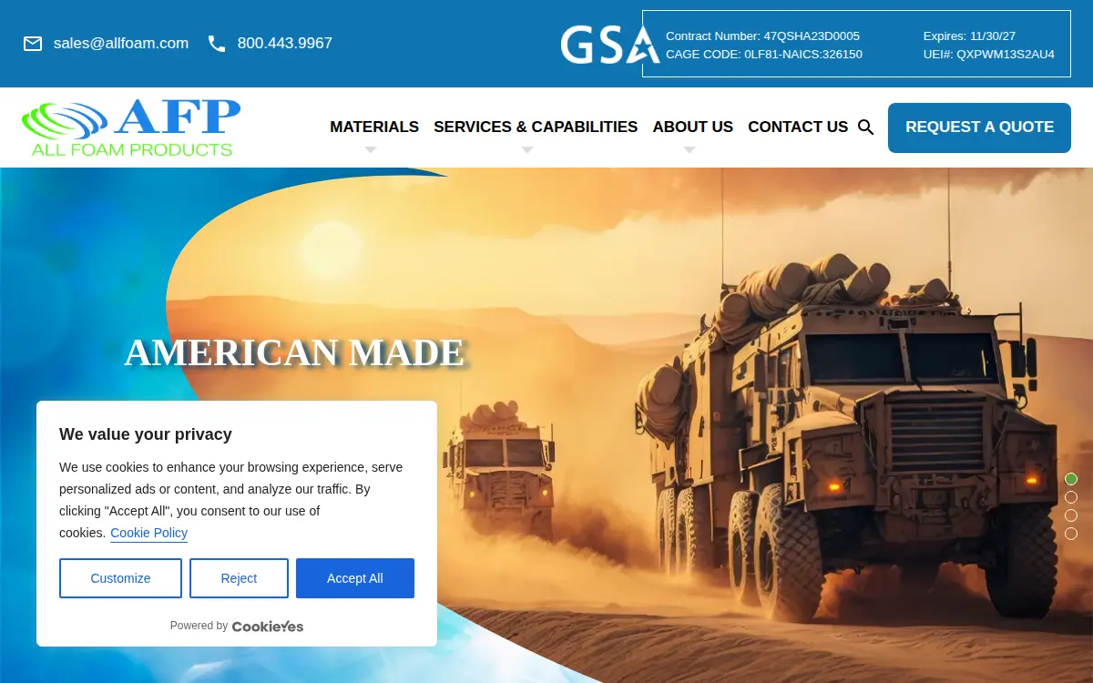 Homepage of All Foam Products, CO.