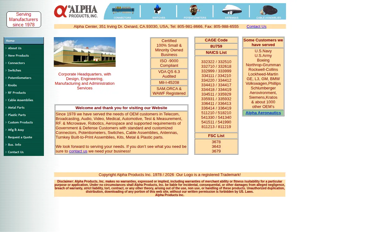 Homepage of Alpha Products, INC