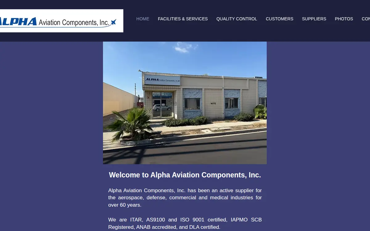 Homepage of Alpha Aviation Components, INC.