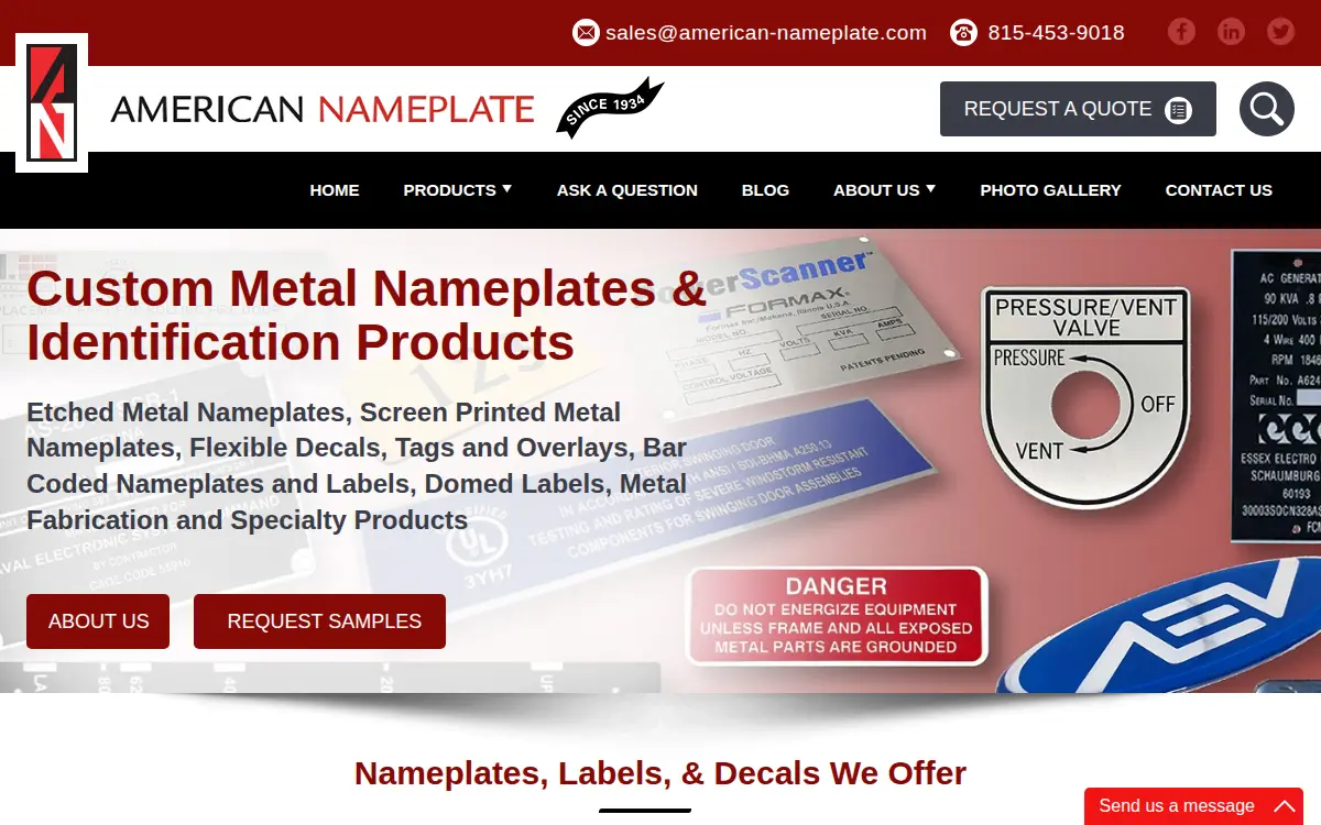 Homepage of American Name Plate & Metal Decorating Company