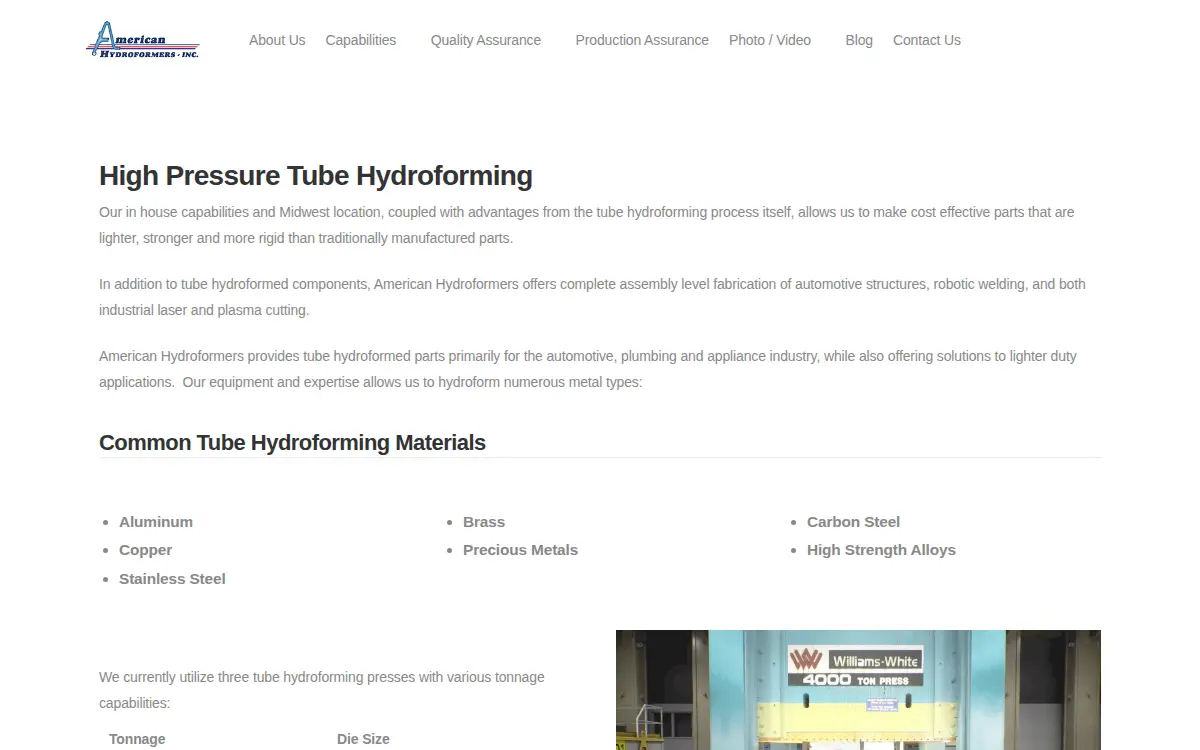 Homepage of American Hydroformers, INC.