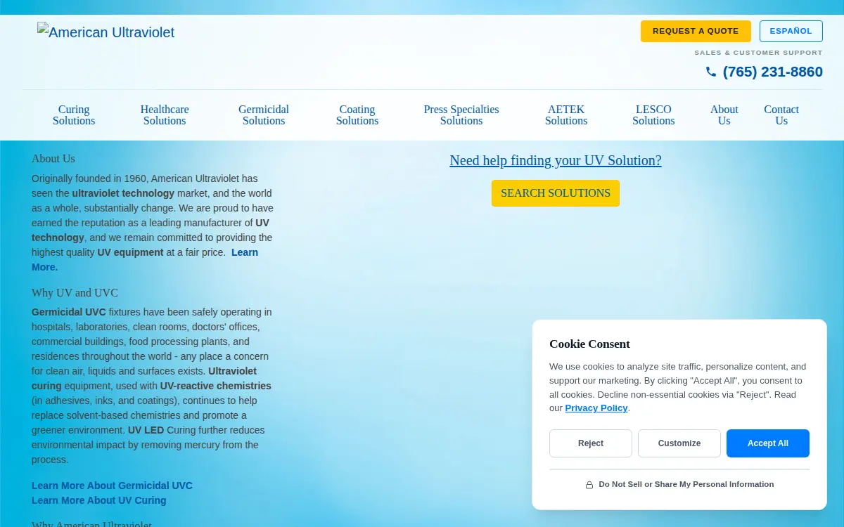 Homepage of American Ultraviolet Company