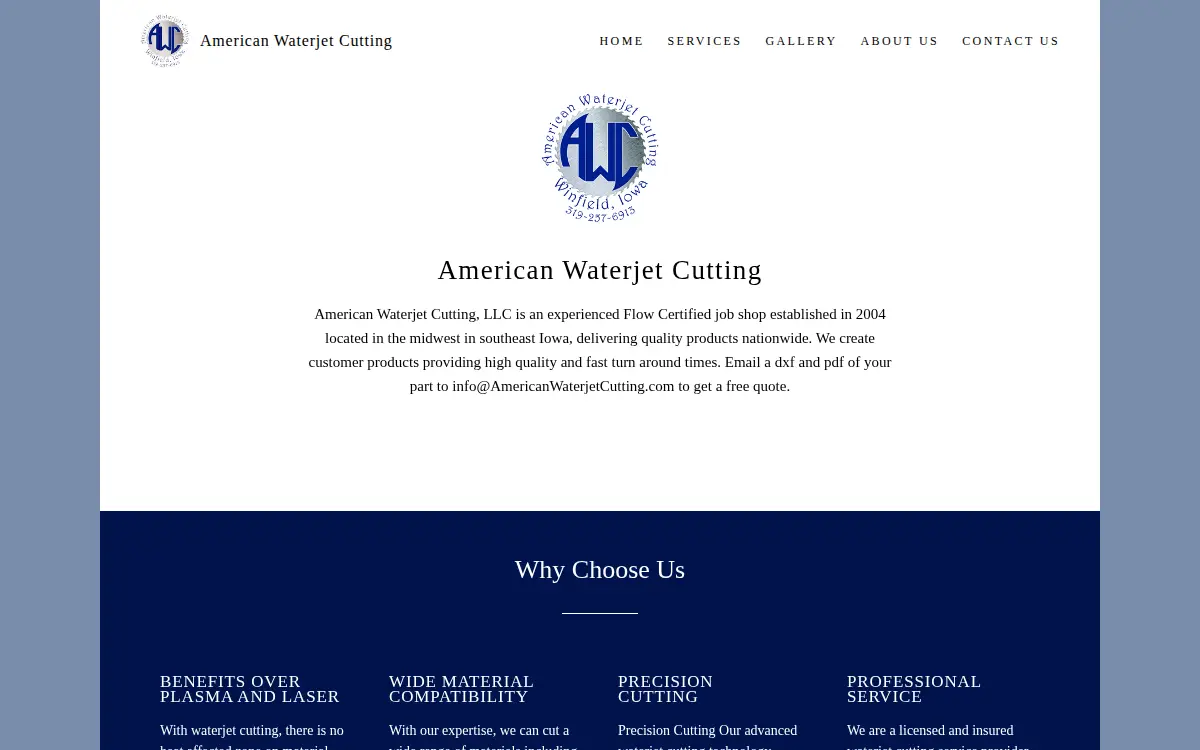 Homepage of American Waterjet Cutting LLC