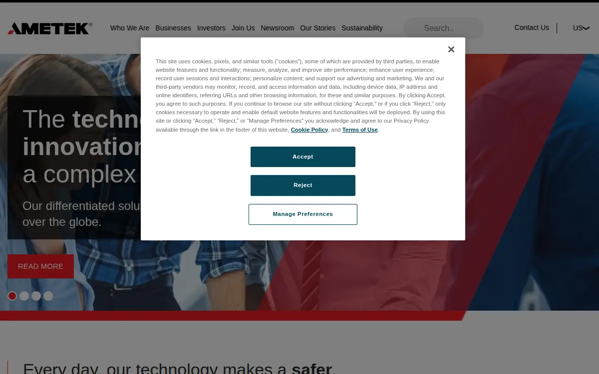 Homepage of Ametek INC