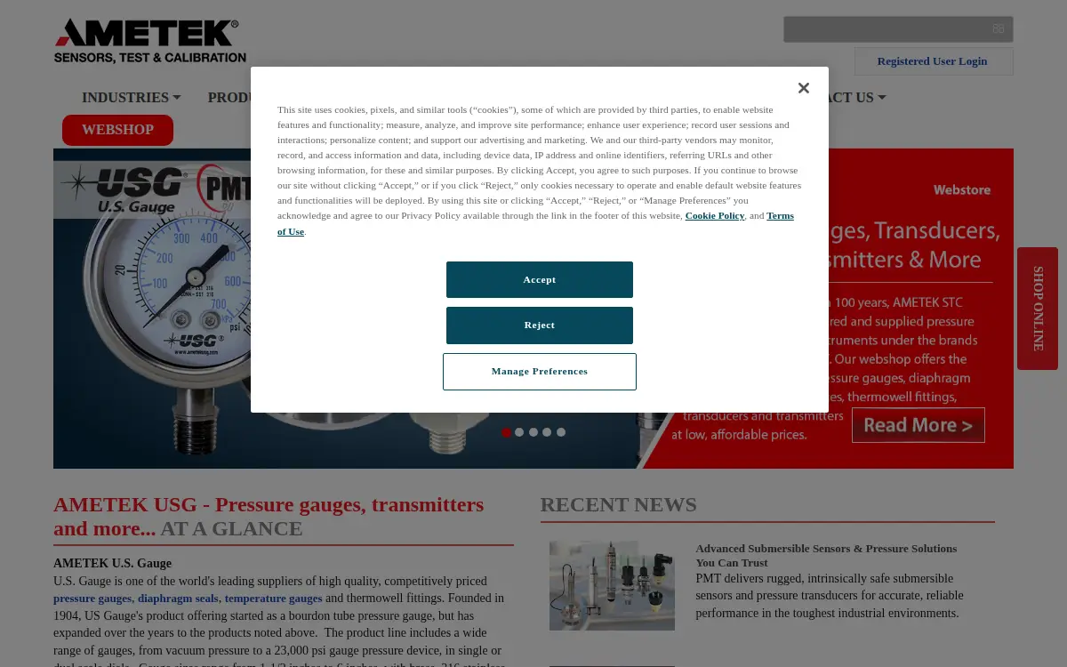 Homepage of Ametek, INC.